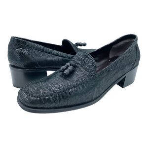 Stuart Weitzman Black Lizard Print‎ Beaded Tassel Chunky Heeled Loafer Sz 8